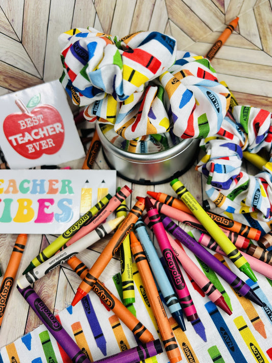 🖍️Color Me Happy! Handmade Crayon Hair Scrunchie Set | Teacher Gift | Artist & Student Hair Accessories | Purely Handmade